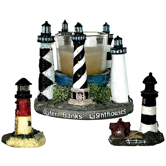 Lighthouse Candle Holder Figurines Outer Banks Nautical Collectible Vintage 3 PC - Picture 1 of 16